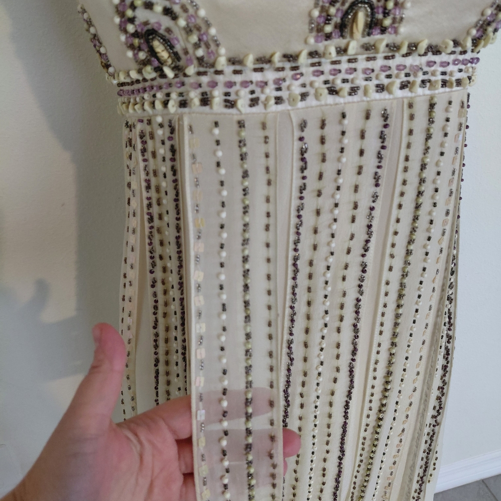 Vintage Sue Wong Couture Silk Beaded Fringe Cocktail Dress Ivory Formal Y2K Size - Picture 5 of 11